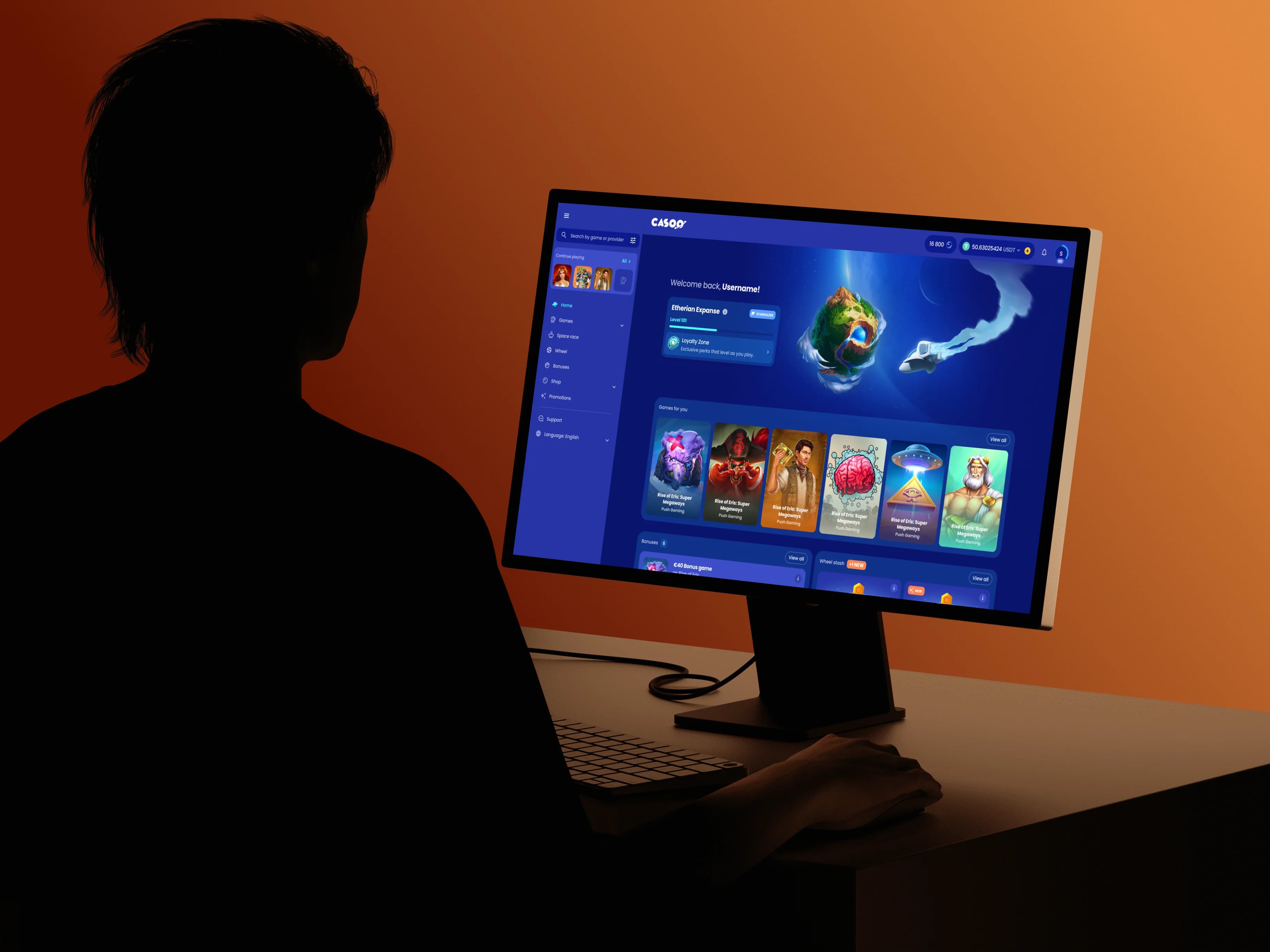 Casoo desktop casino lobby on a large monitor