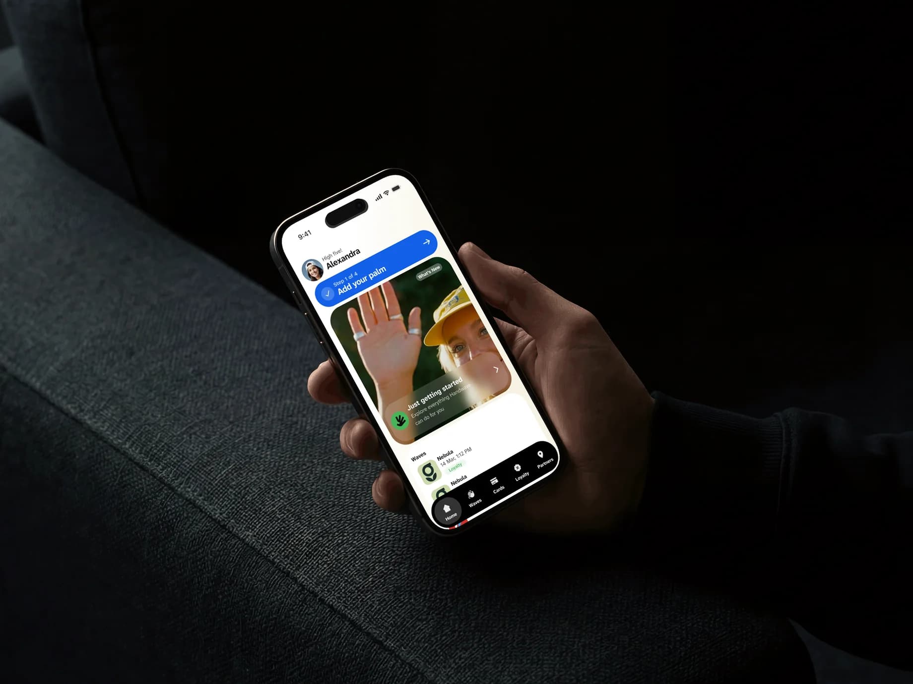 Handwave mobile home screen with palm onboarding