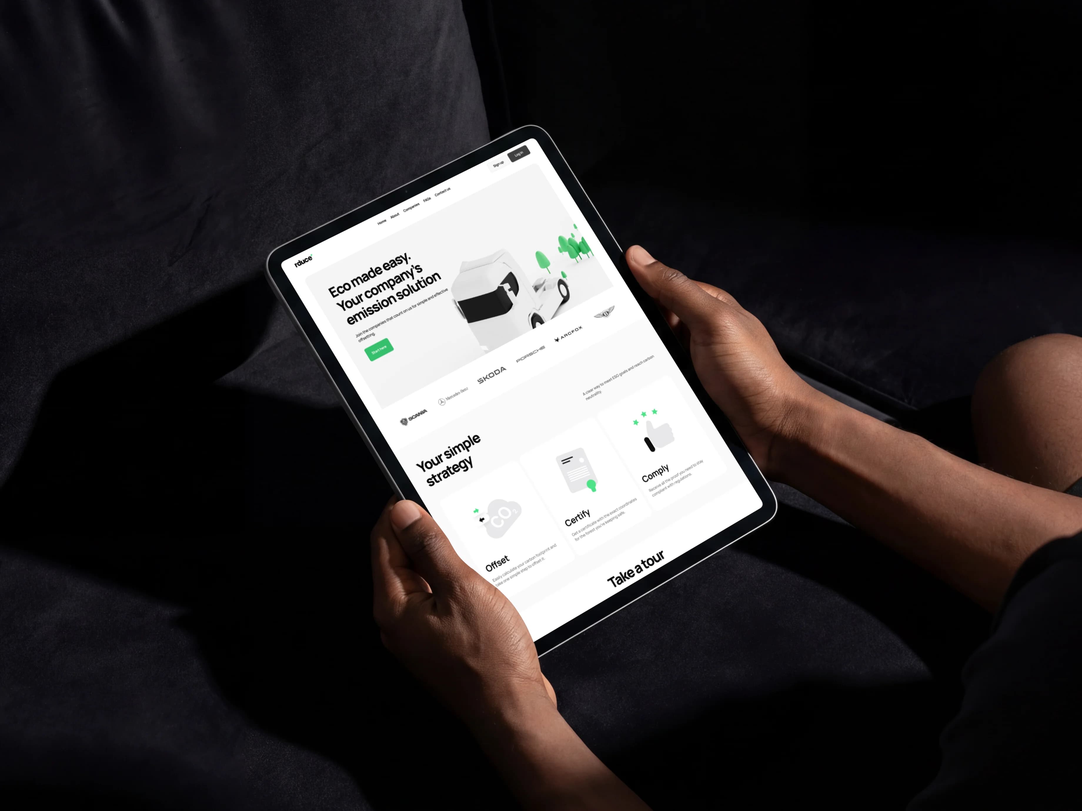 Rduce marketing page on a tablet showing offset, certify, and comply