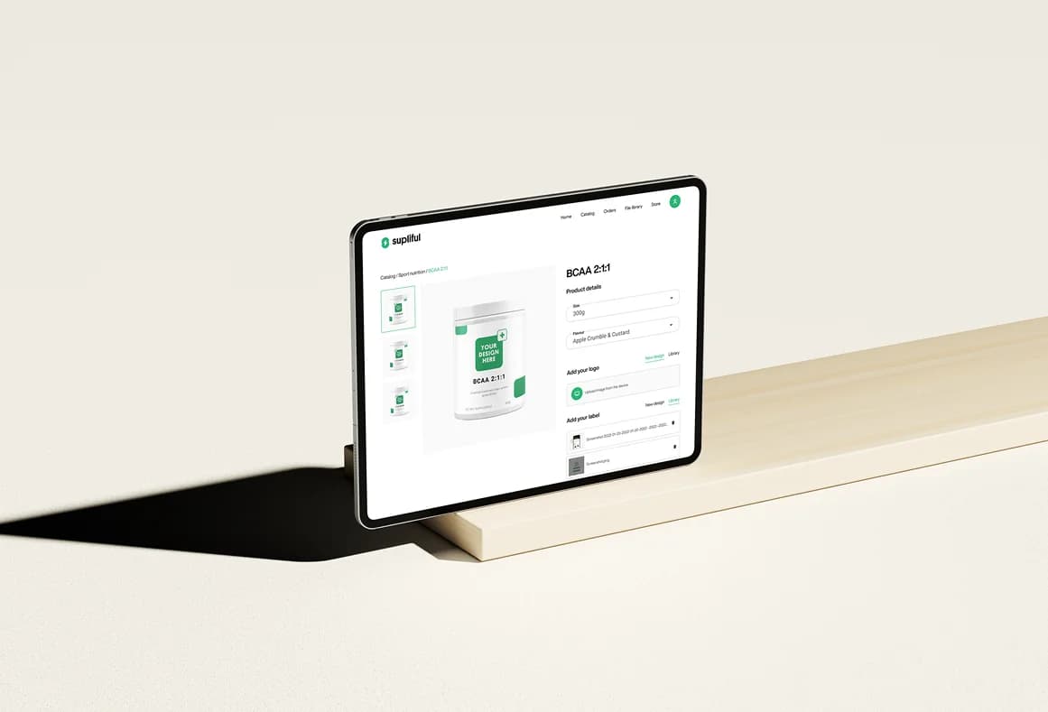 Supliful product customization interface on a tablet