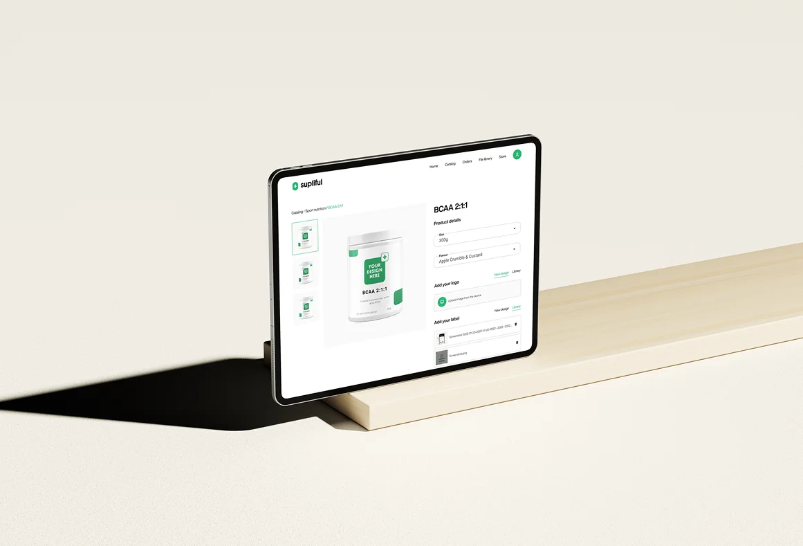 Supliful product customization interface on a tablet