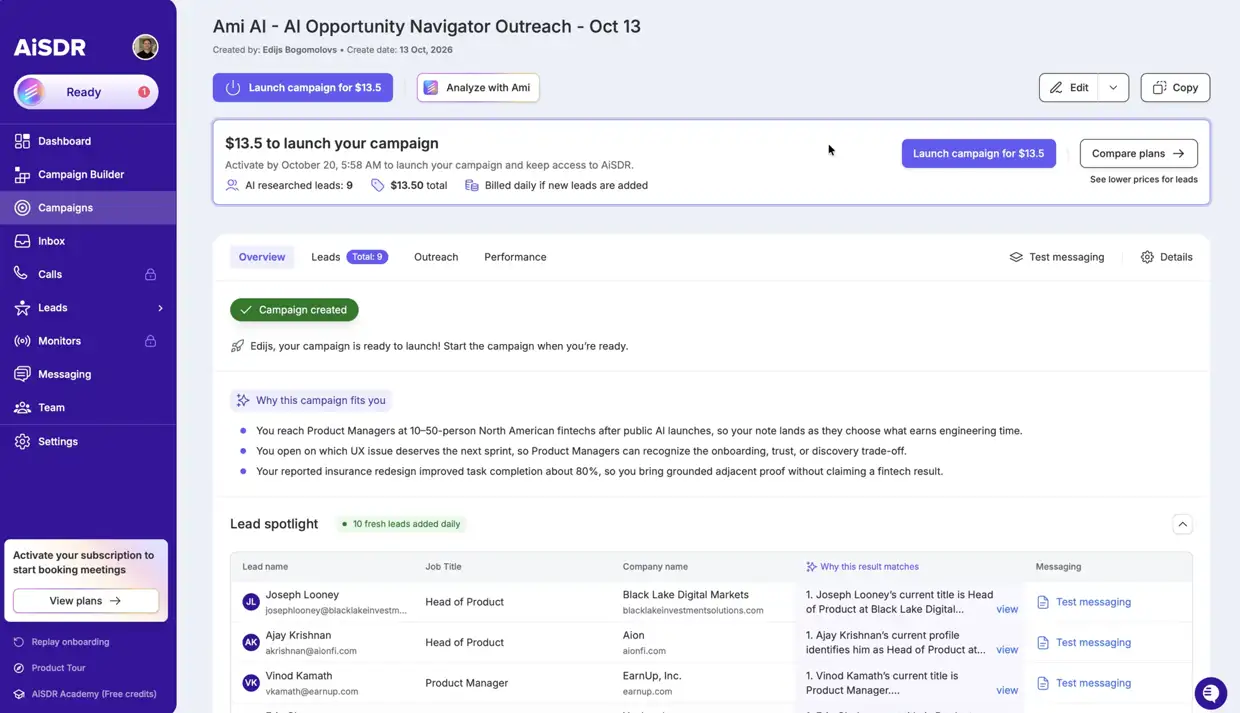 AiSDR campaign ready to launch, with the price and the lead list marked